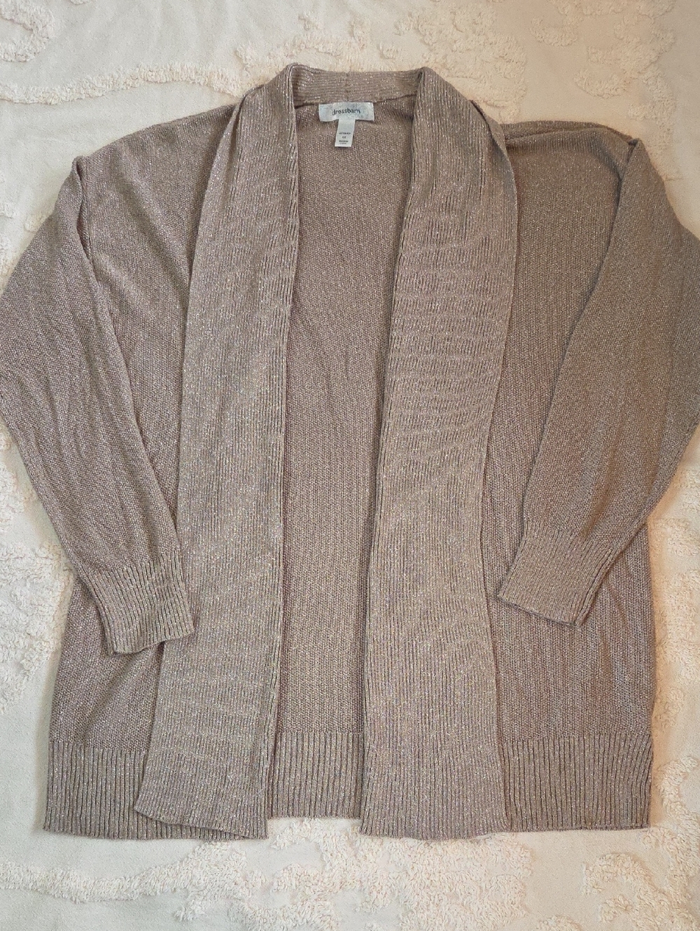 Dress Barn Metallic Taupe Open-Front Cardigan